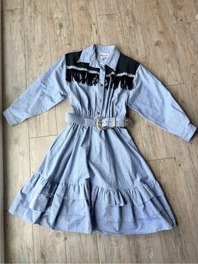 Vintage Sas’sa Western Style Ruffled Fringe Belted Denim Colored Dress